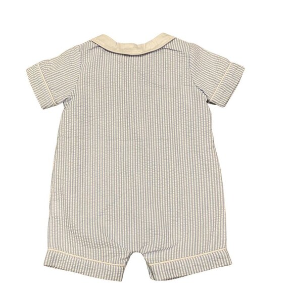 Mud Pie Baby Boy's Blue & White Striped Seersucker Romper - Picture 2 of 2